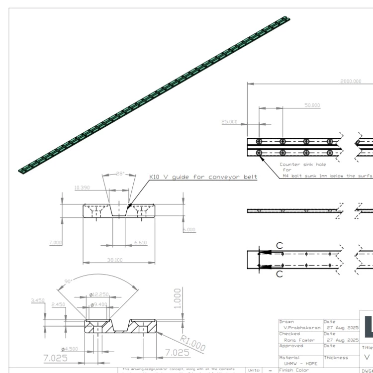 V Groove Chain Guide Track PE-UHMW(PE1000) Material in 2000mm Length